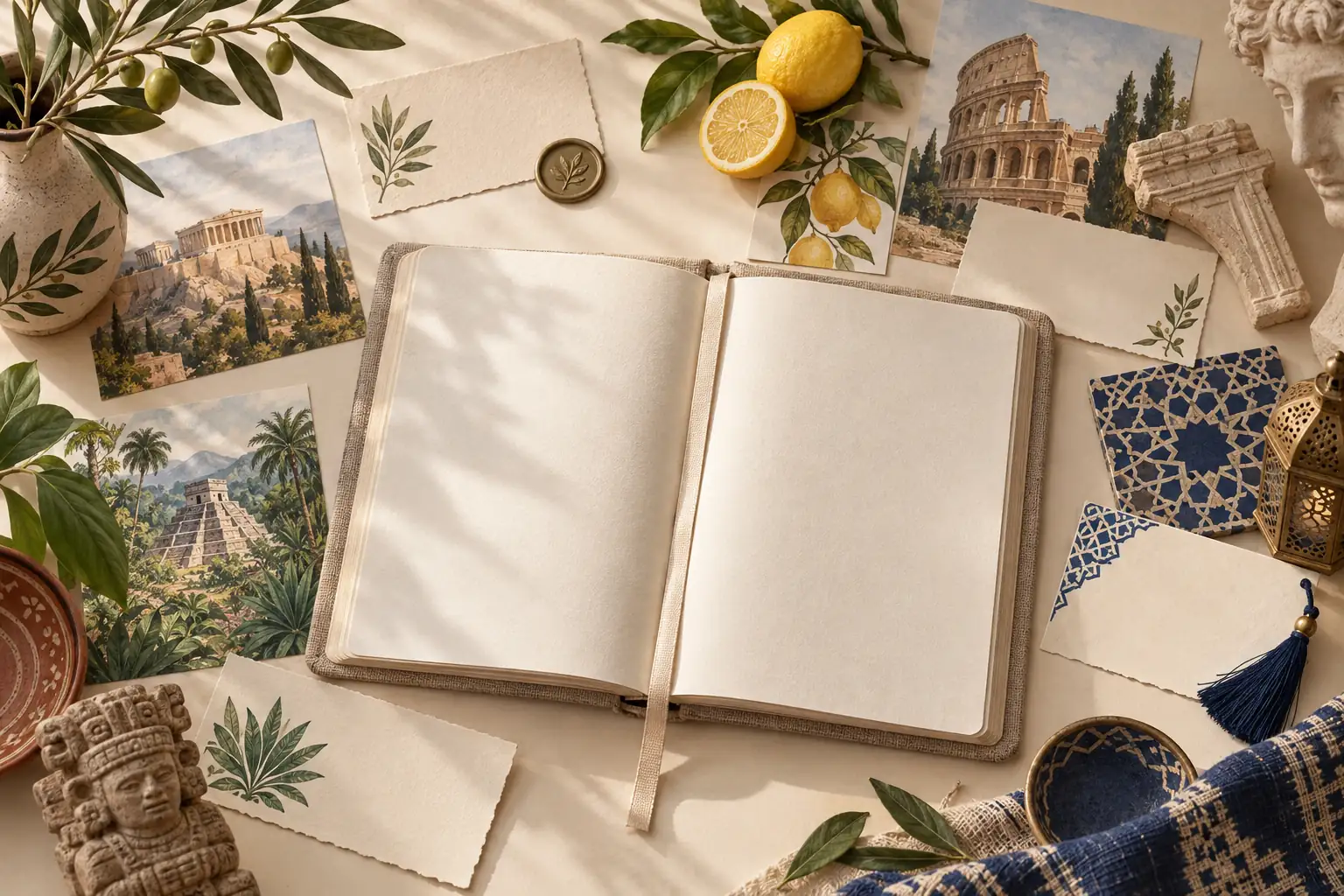 Editorial notebook surrounded by visual references to several naming cultures