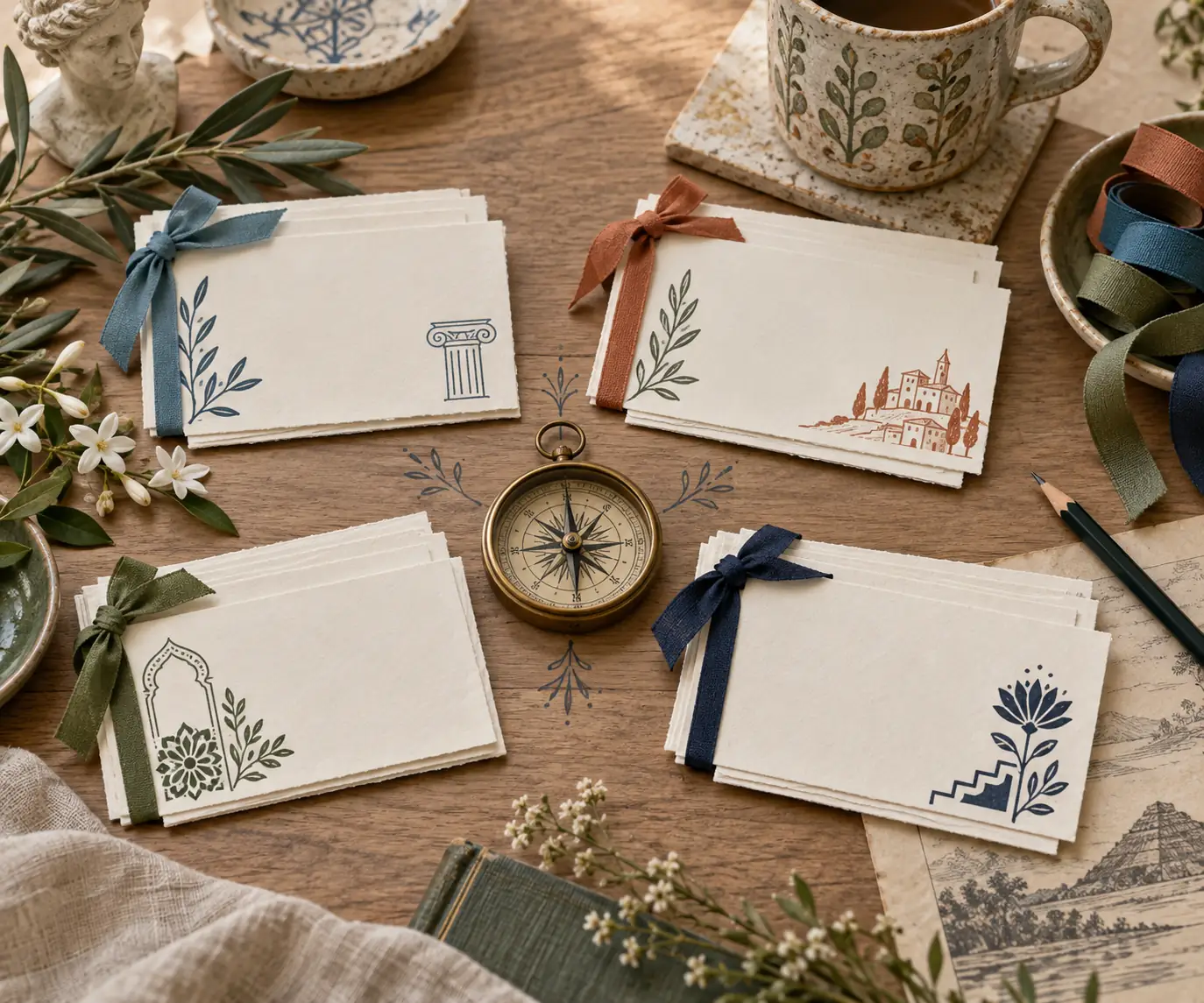 Name cards arranged around a compass for comparing cultural traditions